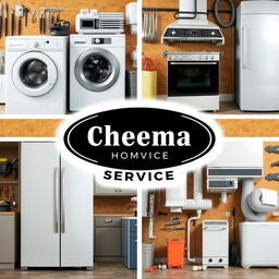 A professional and modern promotional image for 'Cheema Home Service', showcasing a variety of home appliances being repaired and maintained