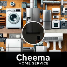 A professional and modern promotional image for 'Cheema Home Service', showcasing a variety of home appliances being repaired and maintained