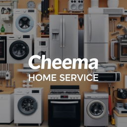 A professional and modern promotional image for 'Cheema Home Service', showcasing a variety of home appliances being repaired and maintained