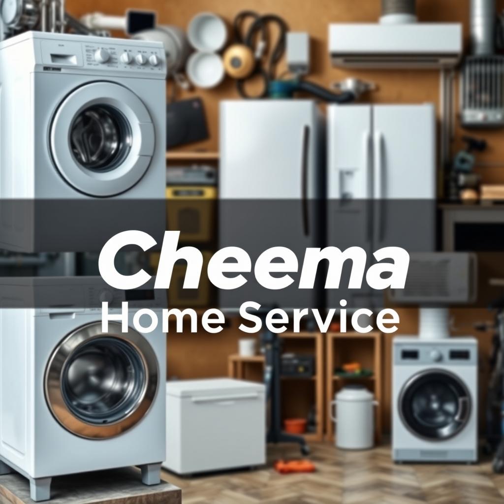 A professional and modern promotional image for 'Cheema Home Service', showcasing a variety of home appliances being repaired and maintained