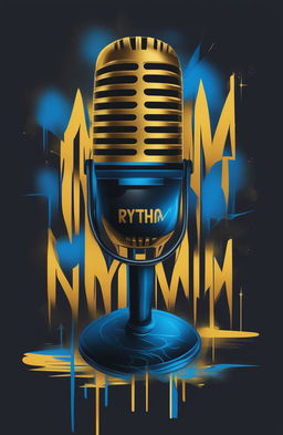 A digital art image of a black graphic tee featuring a gold microphone, electric blue sound waves, and graffiti-style text reading 'Rhythm' and 'Rhymes'