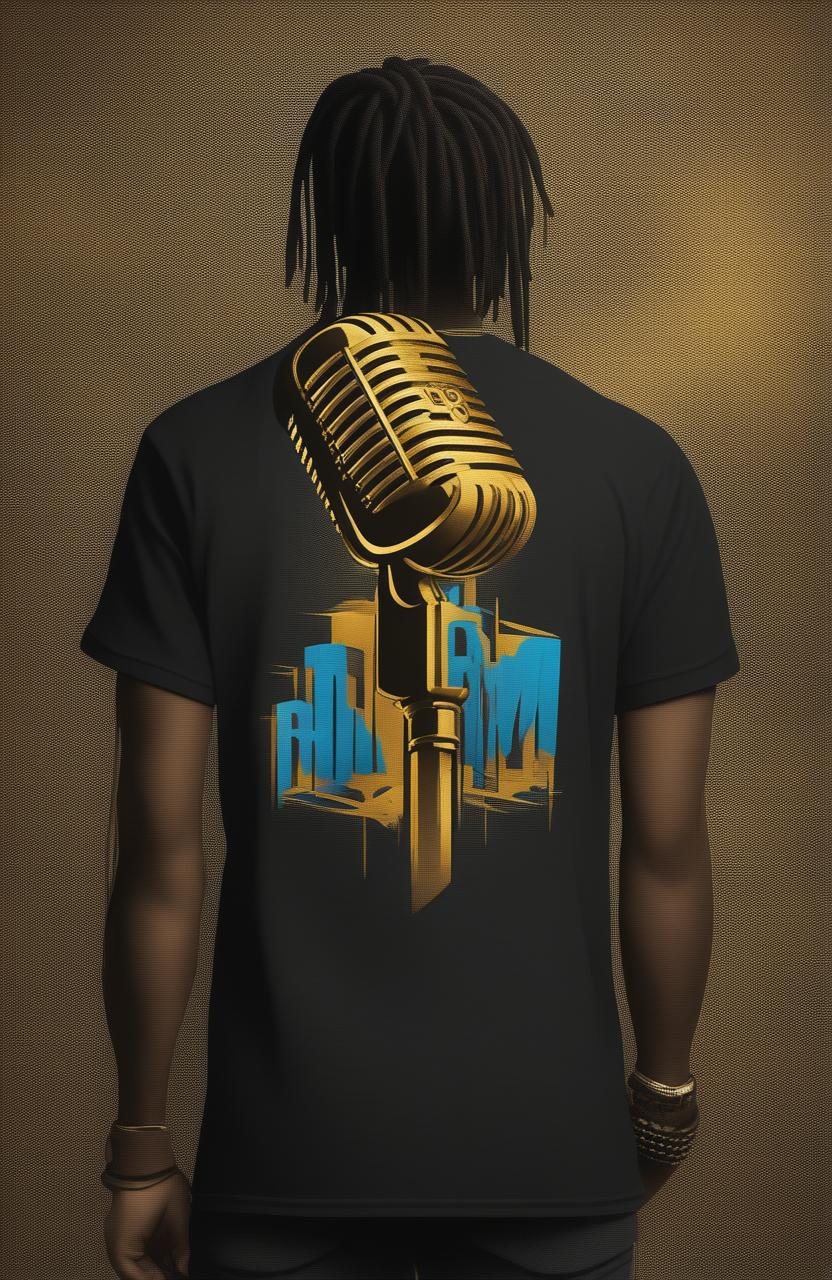 A digital art image of a black graphic tee featuring a gold microphone, electric blue sound waves, and graffiti-style text reading 'Rhythm' and 'Rhymes'