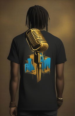 A digital art image of a black graphic tee featuring a gold microphone, electric blue sound waves, and graffiti-style text reading 'Rhythm' and 'Rhymes'