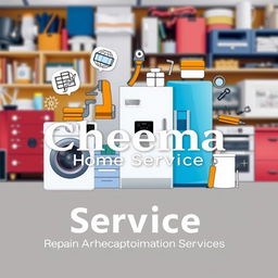 A professional and modern promotional image for 'Cheema Home Service', featuring a clear representation of various home appliances being repaired and maintained