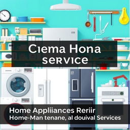 A professional and modern promotional image for 'Cheema Home Service', featuring a clear representation of various home appliances being repaired and maintained