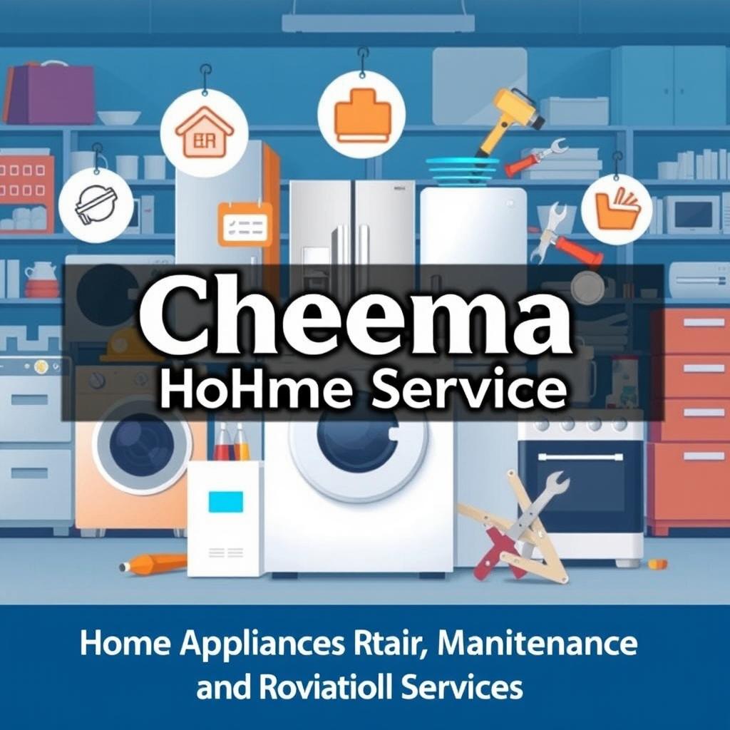 A professional and modern promotional image for 'Cheema Home Service', featuring a clear representation of various home appliances being repaired and maintained