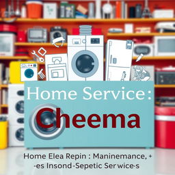 A professional and modern promotional image for 'Cheema Home Service', featuring a clear representation of various home appliances being repaired and maintained