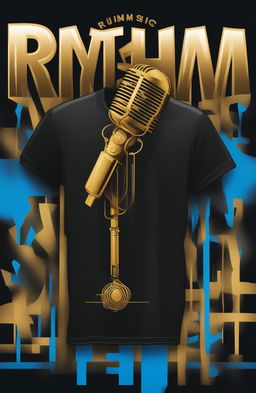 A digital art image of a black graphic tee featuring a gold microphone, electric blue sound waves, and graffiti-style text reading 'Rhythm' and 'Rhymes'