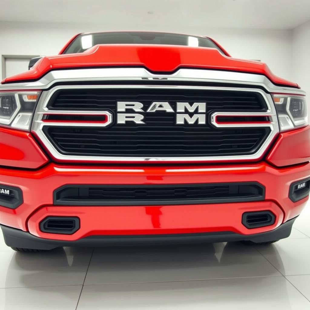 A close-up shot of the front of a Dodge Ram 1500 in a striking shining red color