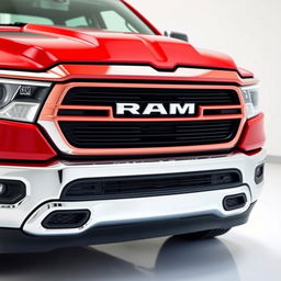 A close-up shot of the front of a Dodge Ram 1500 in a striking shining red color