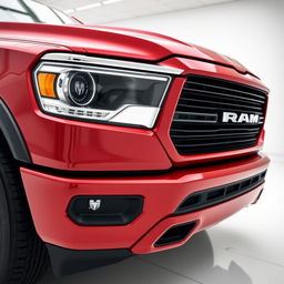 A close-up shot of the front of a Dodge Ram 1500 in a striking shining red color