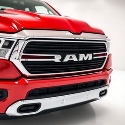 A close-up shot of the front of a Dodge Ram 1500 in a striking shining red color