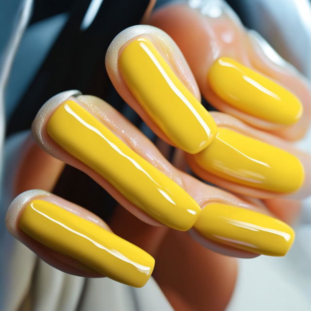 This is a high-quality digital art image of a set of almond-shaped nails, meticulously painted in a light yellow color