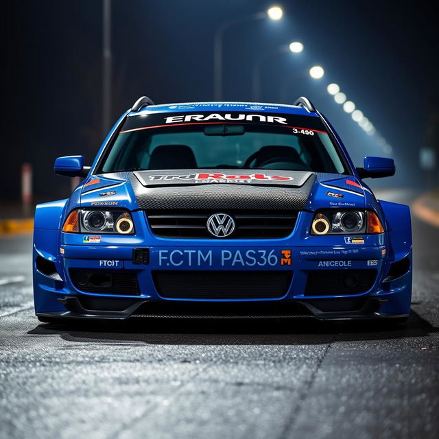 A striking blue 2001 widebody VW Passat R36 wagon, designed as a drift car, featuring an eye-catching race livery with vibrant graphics and sponsor logos