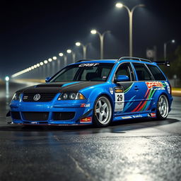 A striking blue 2001 widebody VW Passat R36 wagon, designed as a drift car, featuring an eye-catching race livery with vibrant graphics and sponsor logos