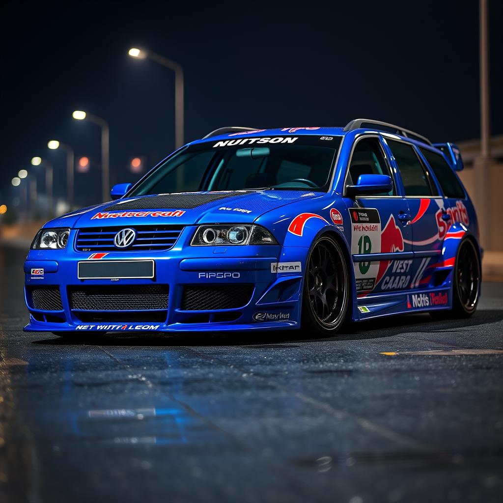A striking blue 2001 widebody VW Passat R36 wagon, designed as a drift car, featuring an eye-catching race livery with vibrant graphics and sponsor logos