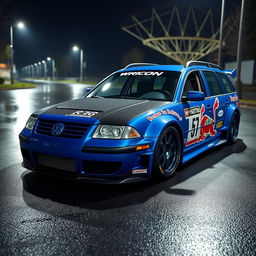 A striking blue 2001 widebody VW Passat R36 wagon, designed as a drift car, featuring an eye-catching race livery with vibrant graphics and sponsor logos