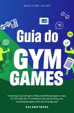 A vibrant and modern eBook cover for a guide titled 'Guia do Gym Games', designed to exude energy, motivation, and focus on the fitness universe
