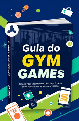 A vibrant and modern eBook cover for a guide titled 'Guia do Gym Games', designed to exude energy, motivation, and focus on the fitness universe