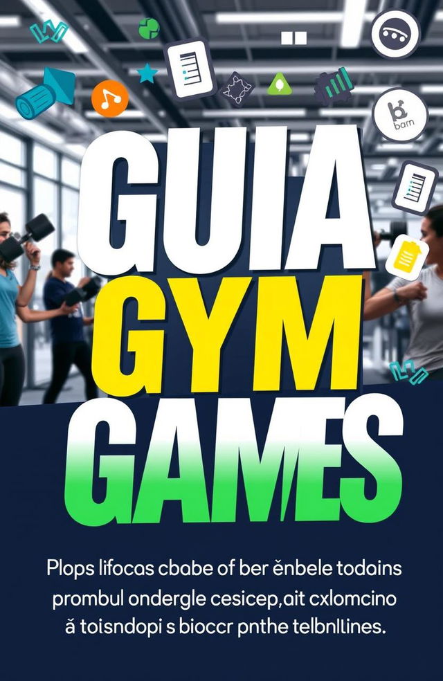 A vibrant and modern eBook cover for a guide titled 'Guia do Gym Games', designed to exude energy, motivation, and focus on the fitness universe