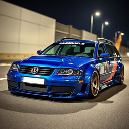 A stunning blue 2001 widebody VW Passat R36 wagon presented as a drift car, featuring an eye-catching race livery and a sleek carbon hood