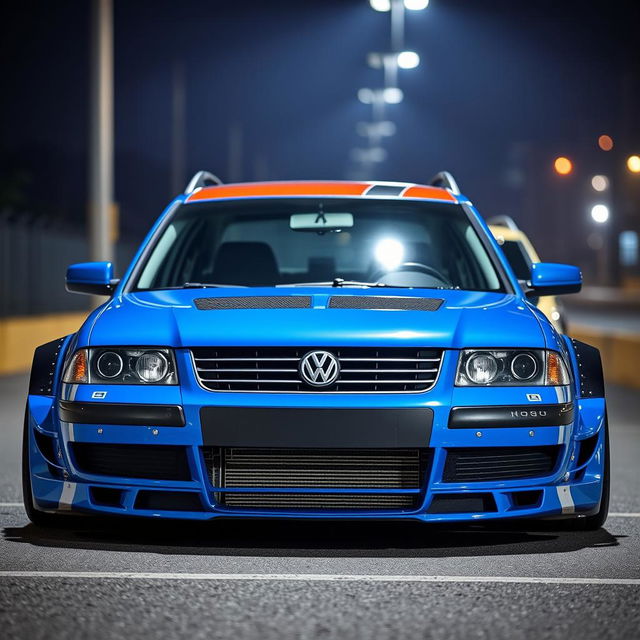 A stunning blue 2001 widebody VW Passat R36 wagon presented as a drift car, featuring an eye-catching race livery and a sleek carbon hood