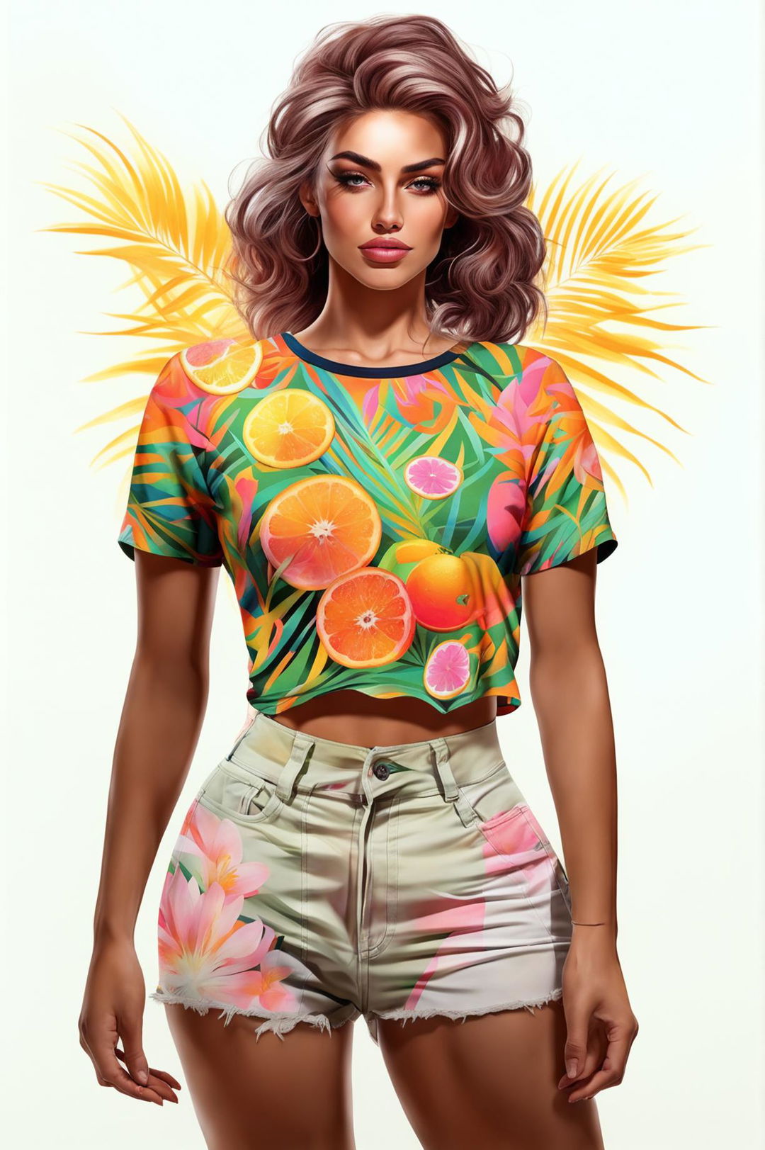 This is a high-quality digital art of a cropped graphic tee with a vibrant tropical print