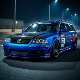 A stunning blue 2001 widebody VW Passat R36 wagon presented as a drift car, featuring an eye-catching race livery and a sleek carbon hood