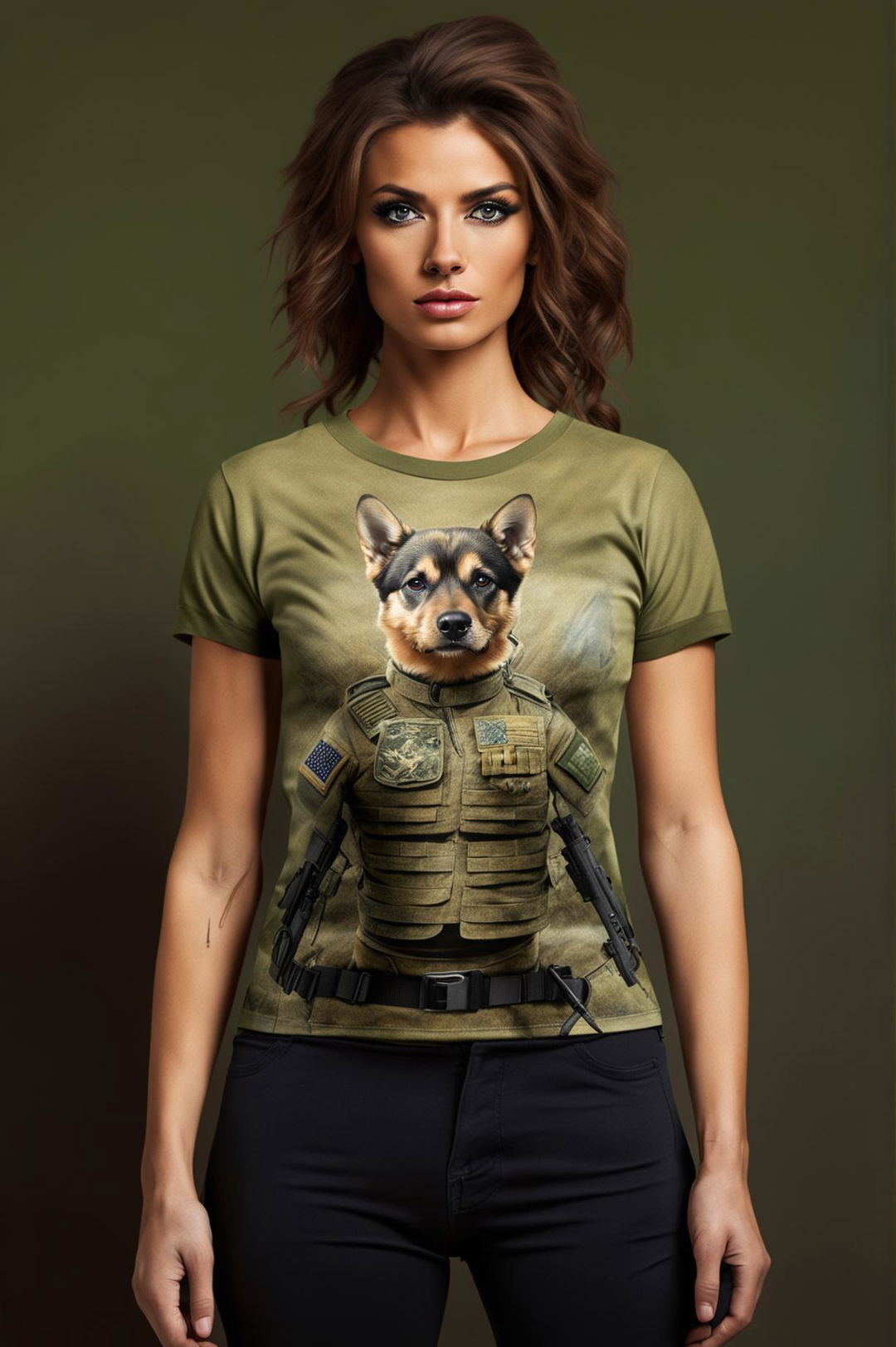 This is a high-quality digital art of a cropped graphic tee with a military dog print