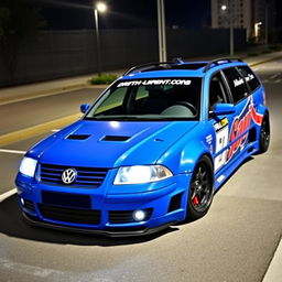 A vibrant blue 2001 widebody VW Passat R36 wagon designed as a drift car, featuring a striking race livery and a sleek carbon fiber hood