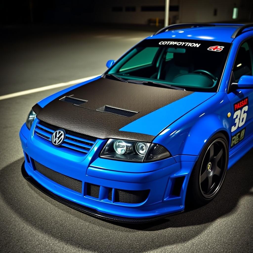 A vibrant blue 2001 widebody VW Passat R36 wagon designed as a drift car, featuring a striking race livery and a sleek carbon fiber hood