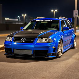 A vibrant blue 2001 widebody VW Passat R36 wagon designed as a drift car, featuring a striking race livery and a sleek carbon fiber hood