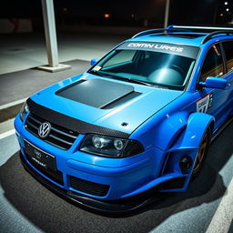 A vibrant blue 2001 widebody VW Passat R36 wagon designed as a drift car, featuring a striking race livery and a sleek carbon fiber hood