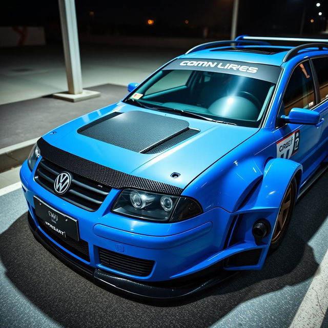 A vibrant blue 2001 widebody VW Passat R36 wagon designed as a drift car, featuring a striking race livery and a sleek carbon fiber hood