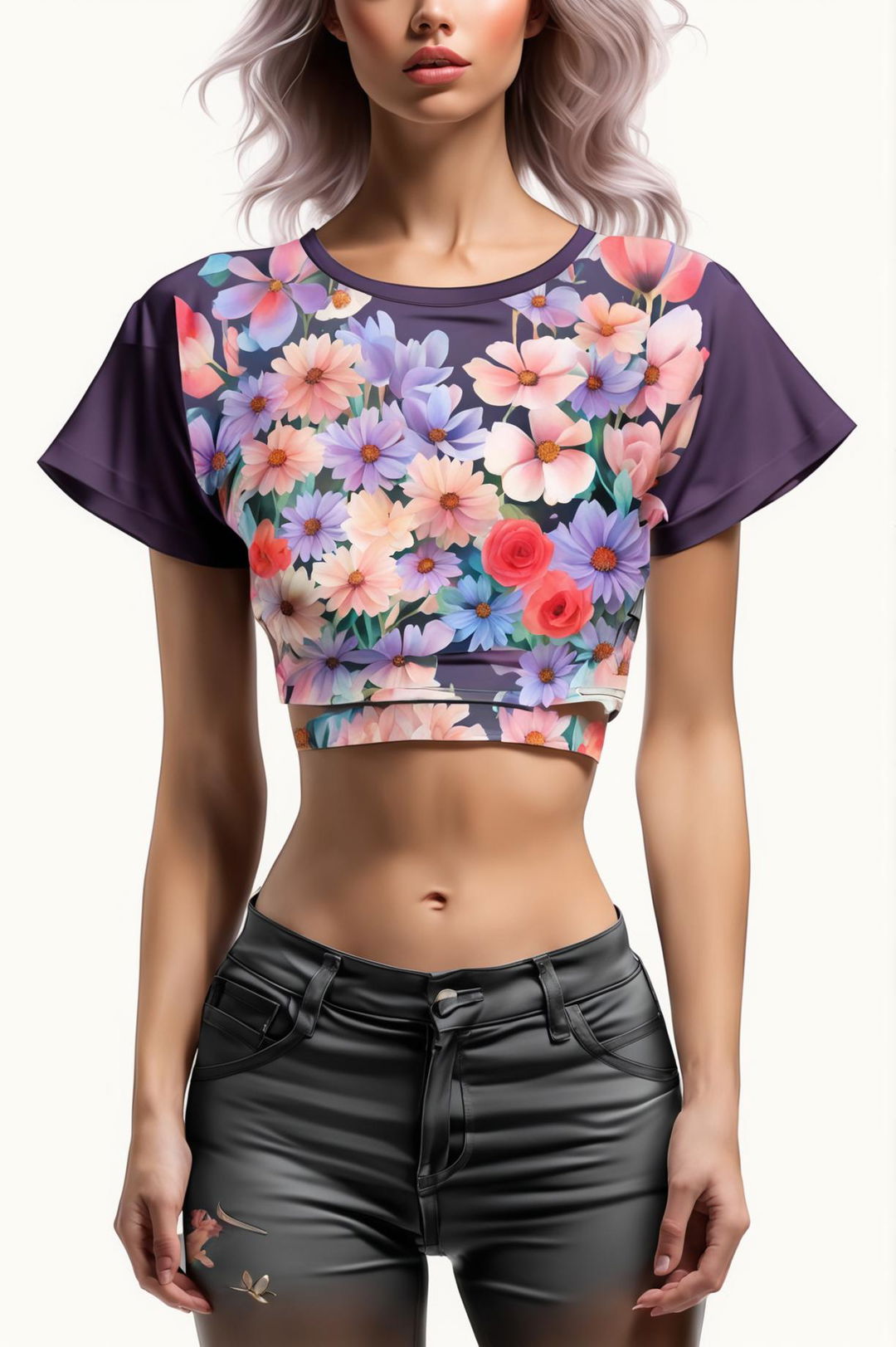 This is a high-quality digital art of a cropped graphic tee with an exquisite floral print