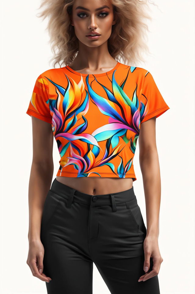 This is a high-quality digital art of a graphic crop top with a Birds of Paradise print