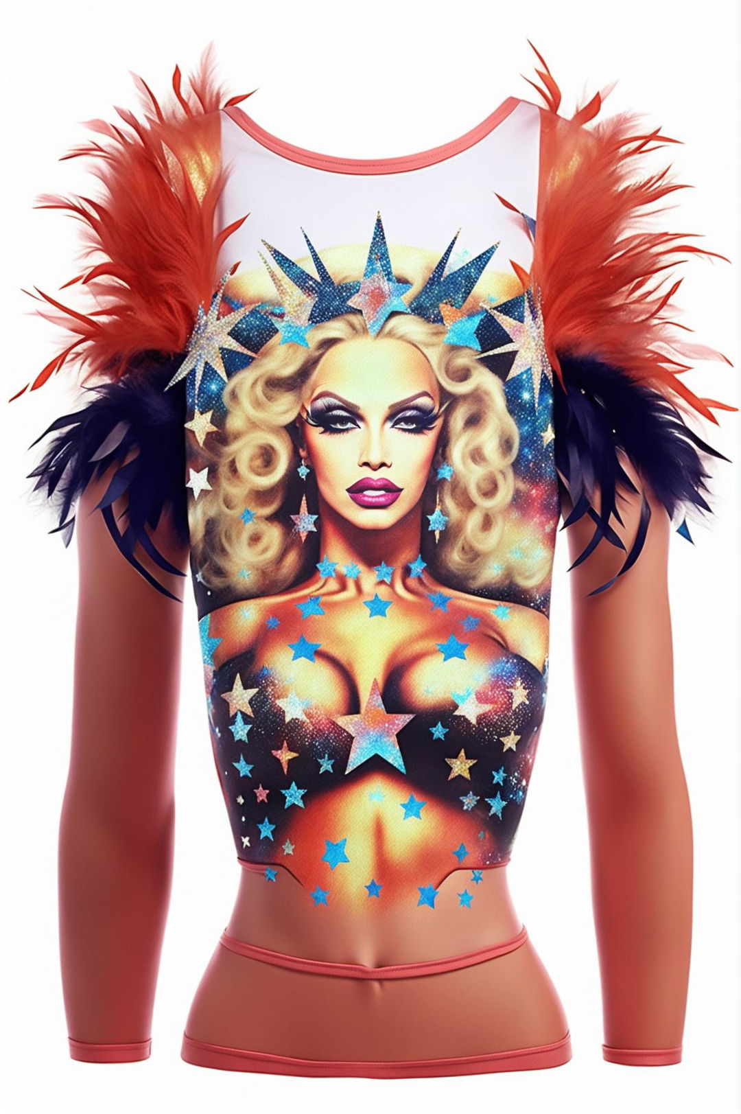 This is a high-quality digital art of a graphic crop top with a stunning drag queen design inspired by RuPaul's Drag Race