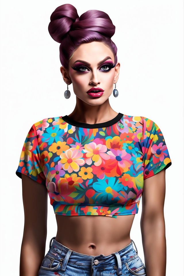 This is a high-quality digital art of a drag queen wearing a graphic floral crop top