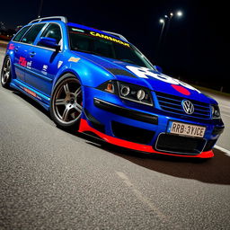 A blue 2001 widebody VW Passat R36 wagon drift car, featuring a striking race livery with vibrant colors and graphics