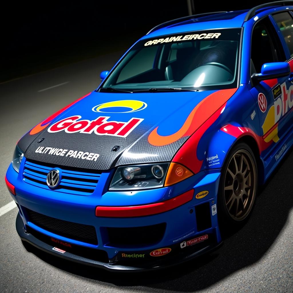 A blue 2001 widebody VW Passat R36 wagon drift car, featuring a striking race livery with vibrant colors and graphics