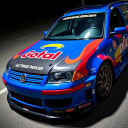A blue 2001 widebody VW Passat R36 wagon drift car, featuring a striking race livery with vibrant colors and graphics
