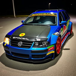 A blue 2001 widebody VW Passat R36 wagon drift car, featuring a striking race livery with vibrant colors and graphics
