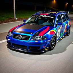 A blue 2001 widebody VW Passat R36 wagon drift car, featuring a striking race livery with vibrant colors and graphics