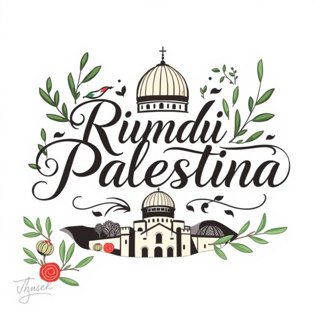 A beautiful and artistic graphic illustration featuring the words 'Rindu Palestina' in elegant and bold calligraphy