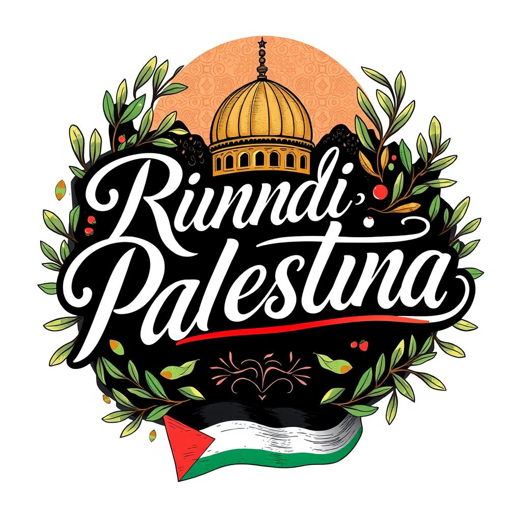 A beautiful and artistic graphic illustration featuring the words 'Rindu Palestina' in elegant and bold calligraphy