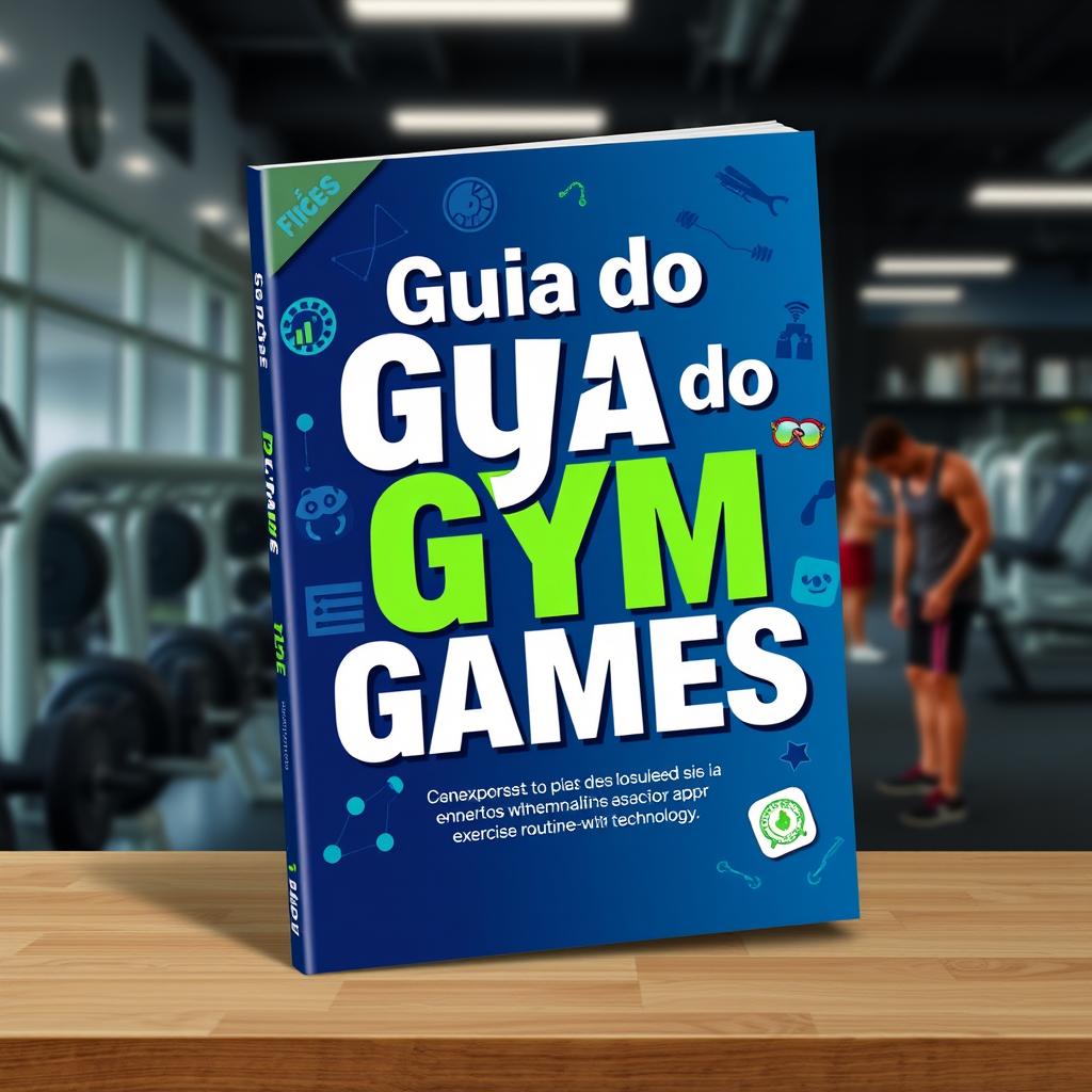 A vibrant and modern eBook cover for a guide titled 'Guia do Gym Games', designed to exude energy, motivation, and focus on the fitness universe