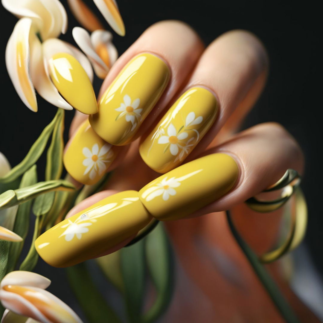 This high-quality digital art image showcases a set of oval-shaped nails painted in a lighter, pastel yellow color, adorned with a delicate white flower design