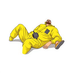 A laid-back, relaxed person wearing a bright yellow hazmat suit similar to Walter White's outfit from *Breaking Bad*