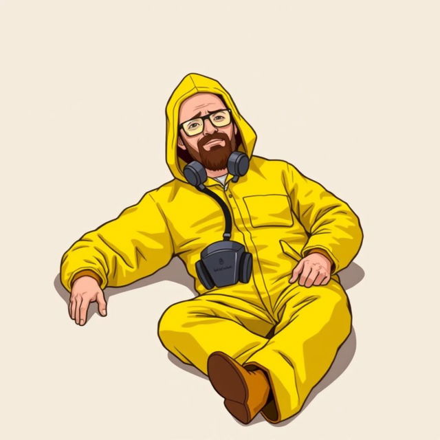 A laid-back, relaxed person wearing a bright yellow hazmat suit similar to Walter White's outfit from *Breaking Bad*