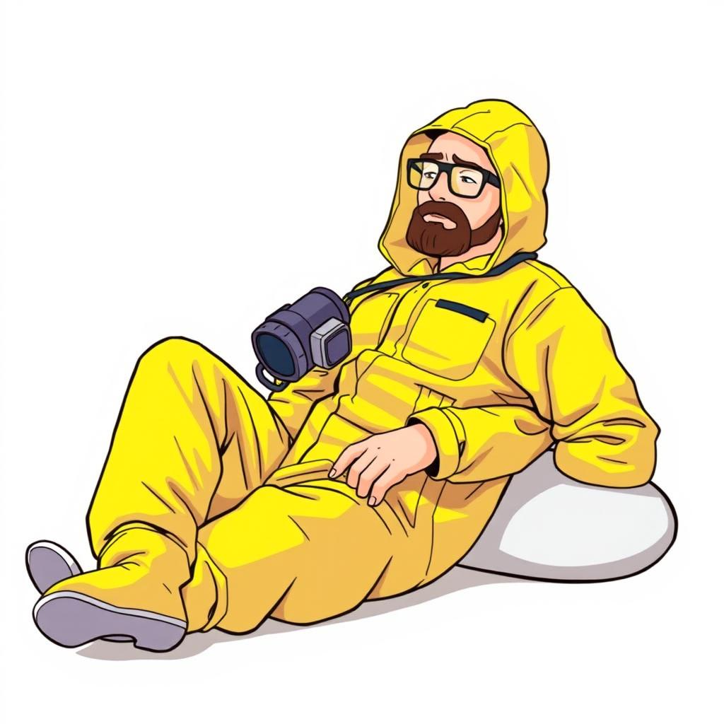 A laid-back, relaxed person wearing a bright yellow hazmat suit similar to Walter White's outfit from *Breaking Bad*